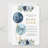 Marineblauwe ballon baby shower jongensuitnodiging kaart (Voorkant)
