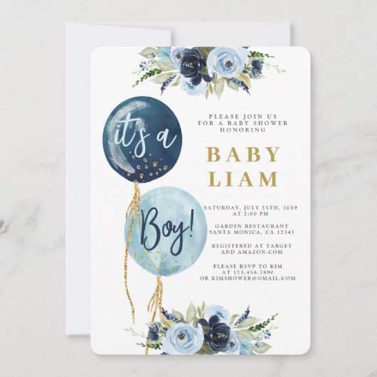 Marineblauwe ballon baby shower jongensuitnodiging kaart (Voorkant)