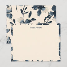 Marineblauwe bloem flat notitiekaart met naam