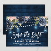 Marineblauwe bloem slingerlampje bewaar de datum save the date (Voorkant / Achterkant)