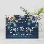 Marineblauwe bloem snoer licht Save the Date (Staand voorkant)