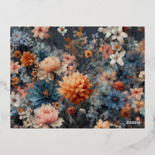 Marineblauwe bloemenbruiloft folie uitnodiging briefkaart (Achterkant)