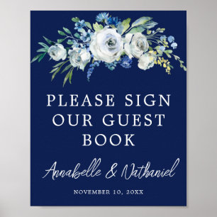 Marineblauwe bloemige winter bruiloft gast boek po poster