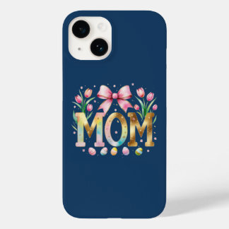 Marineblauwe bloemmotief met 'MOM'-typografie en t Case-Mate iPhone 14 Hoesje
