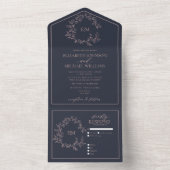 Marineblauwe Blush Roze Bladerige Wapenschild Mono All In One Uitnodiging (Binnen)