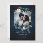 Marineblauwe Blush Rustieke Landelijke Botanische Save The Date (Voorkant)
