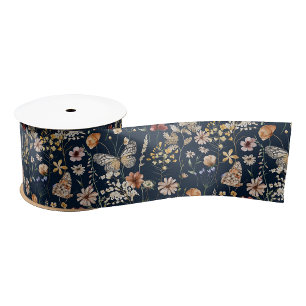 Marineblauwe Boho Bloemenlint Grosgrain Lint