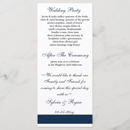 marineblauwe boog Trouwprogramma Programma (Achterkant)