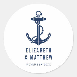 Marineblauwe bootanker strand bruiloft op maat ronde sticker