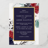 Marineblauwe Bourgondische Gotische Bruiloft Bloem Folie Uitnodiging (Voorkant)