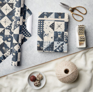 Marineblauwe Crème Quilt Gingham Cottagecore Bloem Cadeaupapier