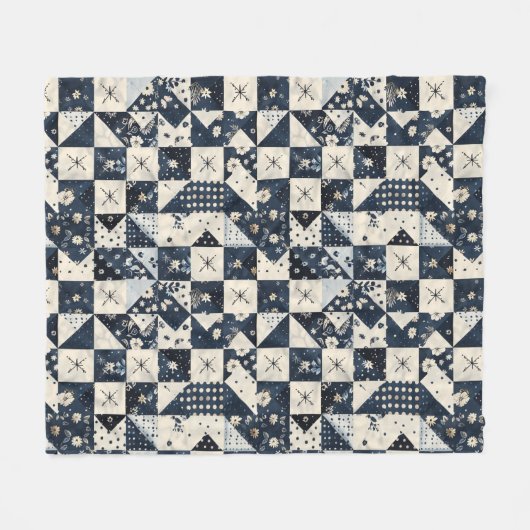 Marineblauwe Crème Quilt Patchwork Gingham Patchwo Fleece Deken (Voorkant (Horizontaal))