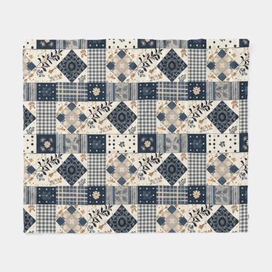 Marineblauwe Crème Quilt Patchwork Gingham Patchwo Fleece Deken (Voorkant (Horizontaal))