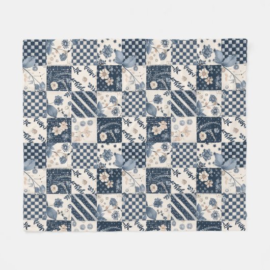 Marineblauwe Crème Quilt Patchwork Gingham Patchwo Fleece Deken (Voorkant (Horizontaal))