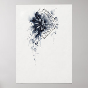 Marineblauwe Dahlia Geometrische Watercolor Poster
