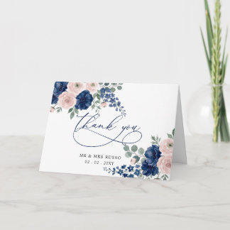 Marineblauwe en Blush Bloemige Moderne Trouwdag Bedankkaart