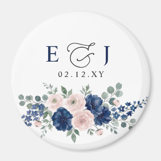 Marineblauwe en Blush Bloemige Moderne Trouwdag Magneet