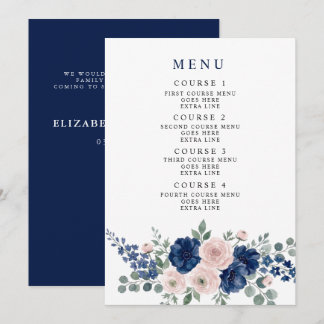 Marineblauwe en Blush Bloemige Moderne Trouwdag Menu