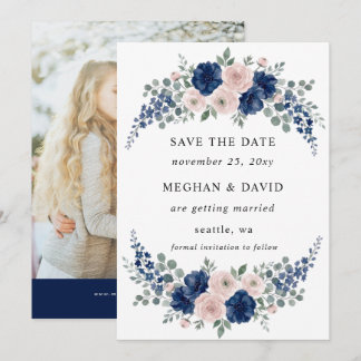 Marineblauwe en Blush Bloemige Moderne Trouwfoto Save The Date