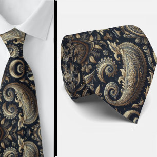 Marineblauwe en gouden 3D paisley jacquard stropda Stropdas