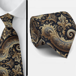 Marineblauwe en gouden 3D paisley jacquard stropda Stropdas
