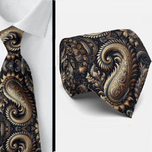 Marineblauwe en gouden 3D paisley jacquard stropda Stropdas