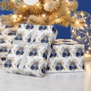Marineblauwe en gouden elegante bloemen cadeaupapier