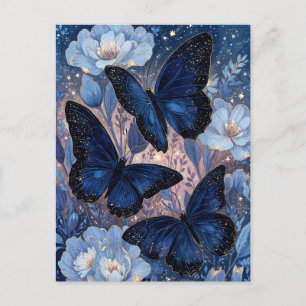 Marineblauwe en Gouden Vlinder met Blauwe Bloem Briefkaart