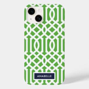 Marineblauwe en groene Trellis Monogram Case-Mate iPhone 14 Hoesje