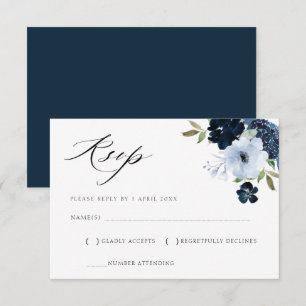 marineblauwe en lichtblauwe bloemige RSVP kaart