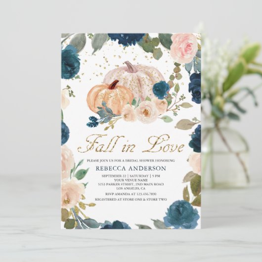 Marineblauwe en perzik bloemige pompoen bruidsdouc kaart (Staand voorkant)
