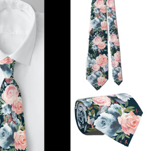 Marineblauwe en roze rozen bloemen bloemenkraaghal stropdas