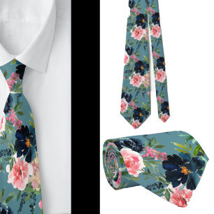 Marineblauwe en Roze Rozen Bloemen Bloemstuk Heren Stropdas