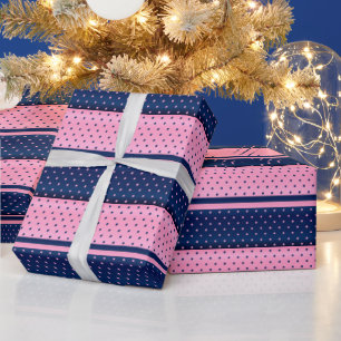 Marineblauwe en Roze Strepen en Stippen Cadeaupapier