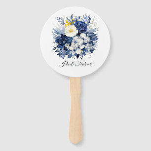 Marineblauwe en Witte Bloemige Bruiloft Handwaaier