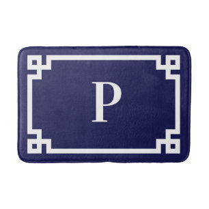 Marineblauwe en witte Griekse Sleutel Frame Monogr Badmat