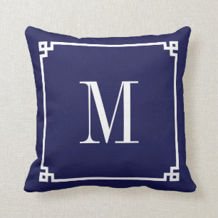 Marineblauwe en witte Griekse sleutelrand monogram Kussen