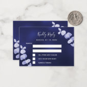 Marineblauwe eucalyptus trouwreactie RSVP Notitiekaartje (Voorkant / Achterkant in situ)