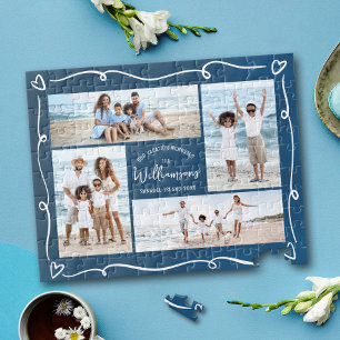 Marineblauwe familie foto collage handgetekende kr legpuzzel