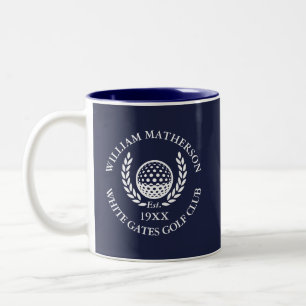 Marineblauwe gepersonaliseerde golfclubnaam tweekleurige koffiemok