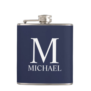 Marineblauwe gepersonaliseerde monogram en naam heupfles