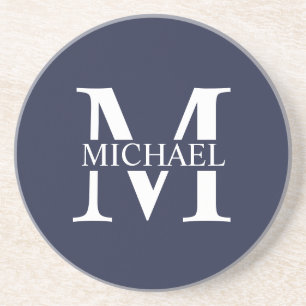 Marineblauwe gepersonaliseerde monogram en naam zandsteen onderzetter