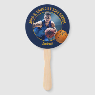 Marineblauwe gouden basketbalspeler foto middelbar handwaaier