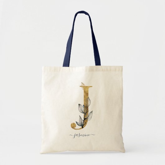 Marineblauwe Gouden Blad Moderne Monogram Letter " Tote Bag (Voorkant)