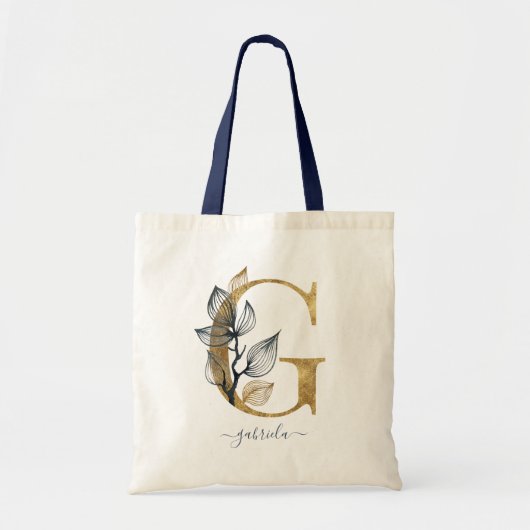 Marineblauwe Gouden Blad Moderne Monogram Letter " Tote Bag (Voorkant)