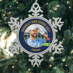 Marineblauwe Gouden Golfer Foto Hoge School Golfte Tin Sneeuwvlok Ornament