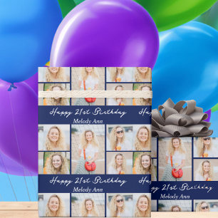 Marineblauwe Happy Birthday Fotocollage Cadeaupapier