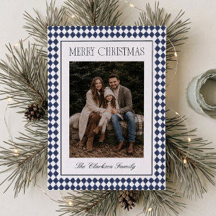 Marineblauwe Harlekijn Kerstkaart met één foto Kaart
