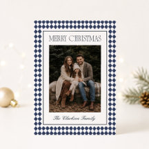 Marineblauwe Harlekijn Kerstkaart met één foto