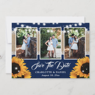 Marineblauwe houten jute kanten zonnebloem trouwfo save the date